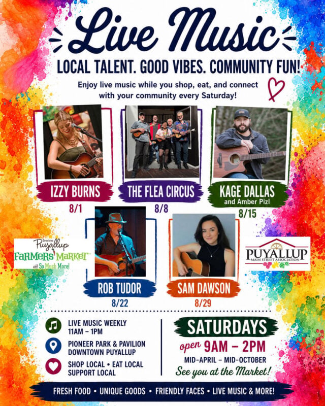 Did you know the Market hosts weekly live music, on-stage, every Saturday? Each week you can shop the marketplace with over 145 participants, grab a freshly prepared bite to eat from our large international food court vendors, and enjoy the musical vibes our talented musicians bring to the Market environment! We hope you can join us with friends and family for a memorable experience at one of the largest farmers’ markets in Washington State 😍.

#livemusic #musicalvibes #musicinthepark #celebratelocal #puyallupfarmersmarket #saturdayvibes