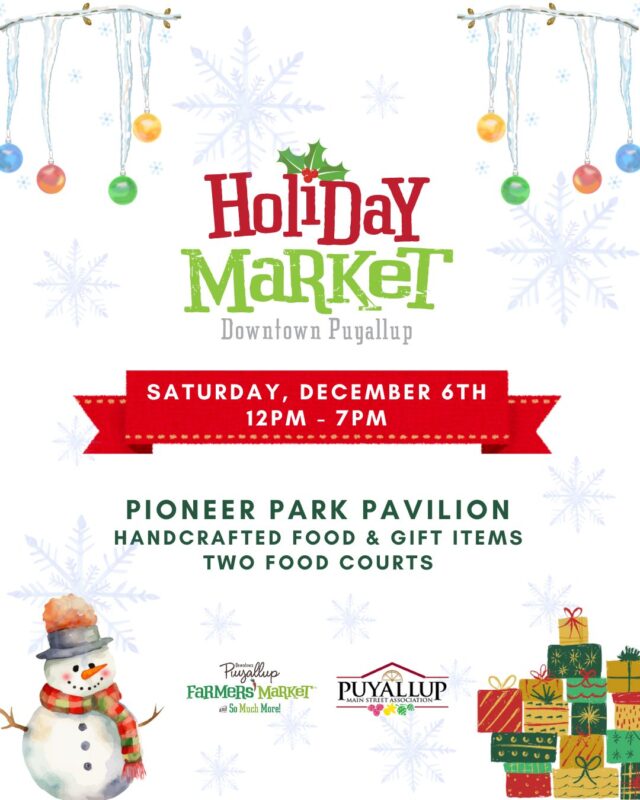Get ready for a festive day at the Holiday Market this Saturday, December 6th, from 12pm to 7pm in downtown Puyallup at the Pioneer Park Pavilion!

✨ You’ll find 68 curated vendors bringing you handcrafted gifts and small-batch artisan foods. You'll also find a food court offering freshly prepared meals, treats, and beverages—many with a seasonal flair and made just for this event.

✨ Looking for a bite, snack, or beverage along the lighted Santa Parade route (parade starts at 5pm)? We have a second food court on Elm Street (backside of Pioneer Park) open from 3pm–7pm for you to enjoy hot beverages, baked goods, and comforting meals from a variety of food vendors ready to fuel your holiday cheer!

And don’t worry—the Market will be open before, during, and after the parade so you’ll have plenty of time to shop, snack, and soak in the festive atmosphere.

Let your friends know you're coming! RSVP and share the event here:
https://www.facebook.com/share/1WrG24b4hZ/

#HolidayMarket #HolidayGifts #PuyallupFarmersMarket #TheMarketExperience #DowntownPuyallup #ShopLocal #FeelTheLove #SmallBusinessPassion