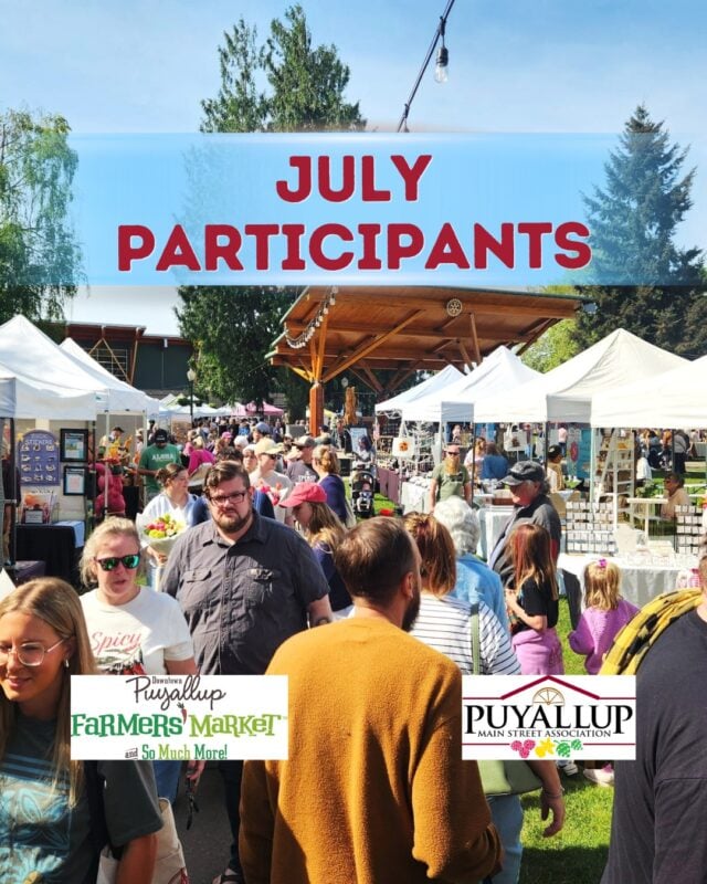 July is one of the best times to experience the Puyallup Farmers' Market! ☀️ With over 145 participants joining us every Saturday from 9am–2pm, summer brings the Market to life with an incredible variety of local products, fresh flavors, and community connections.

Stroll through a curated marketplace filled with farm-fresh produce picked at its seasonal peak, colorful flower bouquets, tasty baked goods, handcrafted artisan finds, locally made specialty foods, and delicious fresh meals prepared on-site. Whether you're shopping for the week, meeting friends for lunch, or simply enjoying a summer day outdoors, there's something for everyone.

Music is part of the weekly experience too! Grab a bite to eat, relax near the stage, and enjoy live performances from talented local musicians every Saturday from 11am–1pm. Be sure to follow us so you don't miss this month's lineup.

No two Saturdays are ever quite the same ~ new seasonal harvests, rotating participants, and fresh discoveries are waiting around every corner. Make the Puyallup Farmers' Market part of your summer tradition and join us every Saturday through October 10th at Pioneer Park and Pavilion in downtown Puyallup!

Participants joining us at the Market during July included in post graphics.

#NotJustAnyMarket #PuyallupFarmersMarket #SupportLocal #wegottawholelottagoodgoinon