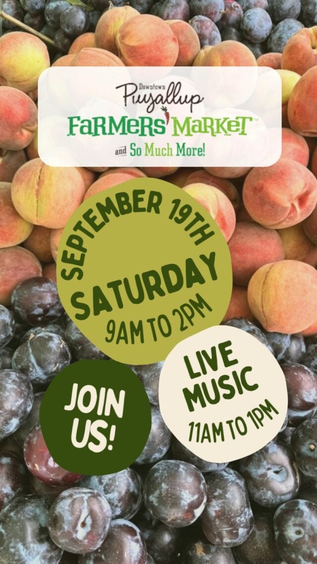 Join us Saturday, 9/19 at the Puyallup Farmers' Market from 9am-2pm. We have over 145 participants that bring you the finest quality products. Also enjoy live music on-stage local musician Amber Pizl from 11am-1pm!
#NotJustAnyMarket #PuyallupFarmersMarket #WeGottaWholeLottaGoodGoinOn #ShopLocal #farmfresh