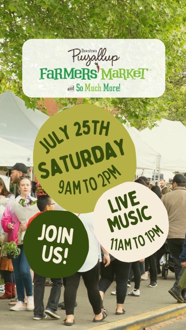 Join us today, 7/25 at the Puyallup Farmers' Market from 9am-2pm. We have over 145 participants that bring you the finest quality products. Also enjoy live music on-stage by country guitarist Kitty Mae from 11am-1pm!
#NotJustAnyMarket #PuyallupFarmersMarket #WeGottaWholeLottaGoodGoinOn #ShopLocal #farmfresh