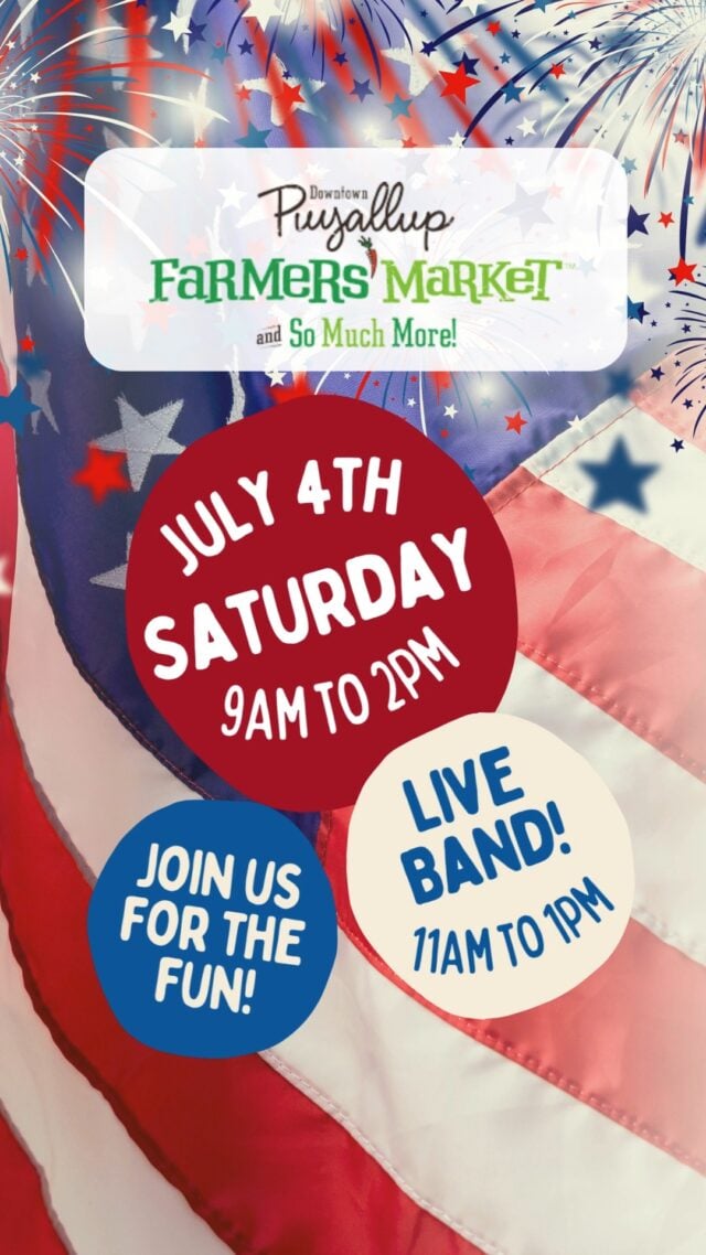 🇺🇸🎆 Celebrate Independence Day with us on 7/4, from 9am-2pm! Join us in downtown Puyallup for a special Market featuring over 130 participants and a mini concert atmosphere in beautiful Pioneer Park and Pavilion. Bring a chair, stay awhile, and enjoy a different kind of Market experience with great shopping, delicious food, and an incredible live performance by hometown favorite @saltwaterskyband  from 11am-1pm.
